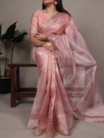 Malvika - Premium Shimmer Net type Pastel Colours Saree with Stitched Blouse of your Own Style