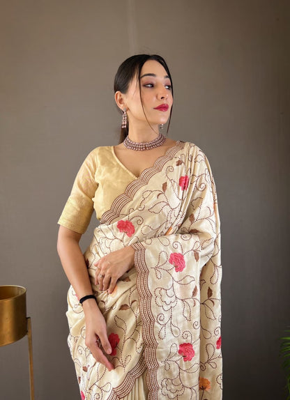 Kamya - Pure Tussar Silk with Jaal Embroidery Weaving with Stitched Blouse Options