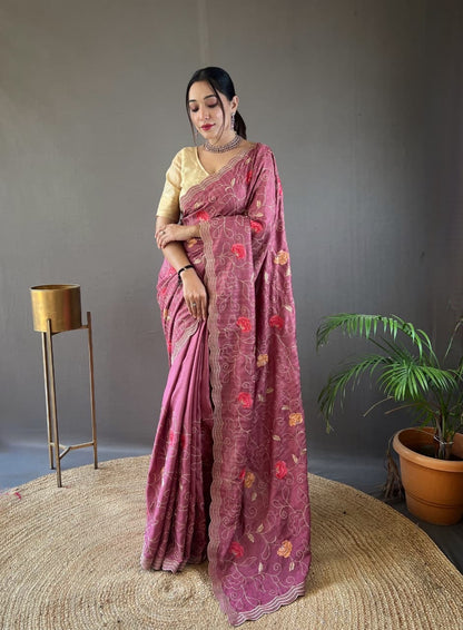 Kamya - Pure Tussar Silk with Jaal Embroidery Weaving with Stitched Blouse Options