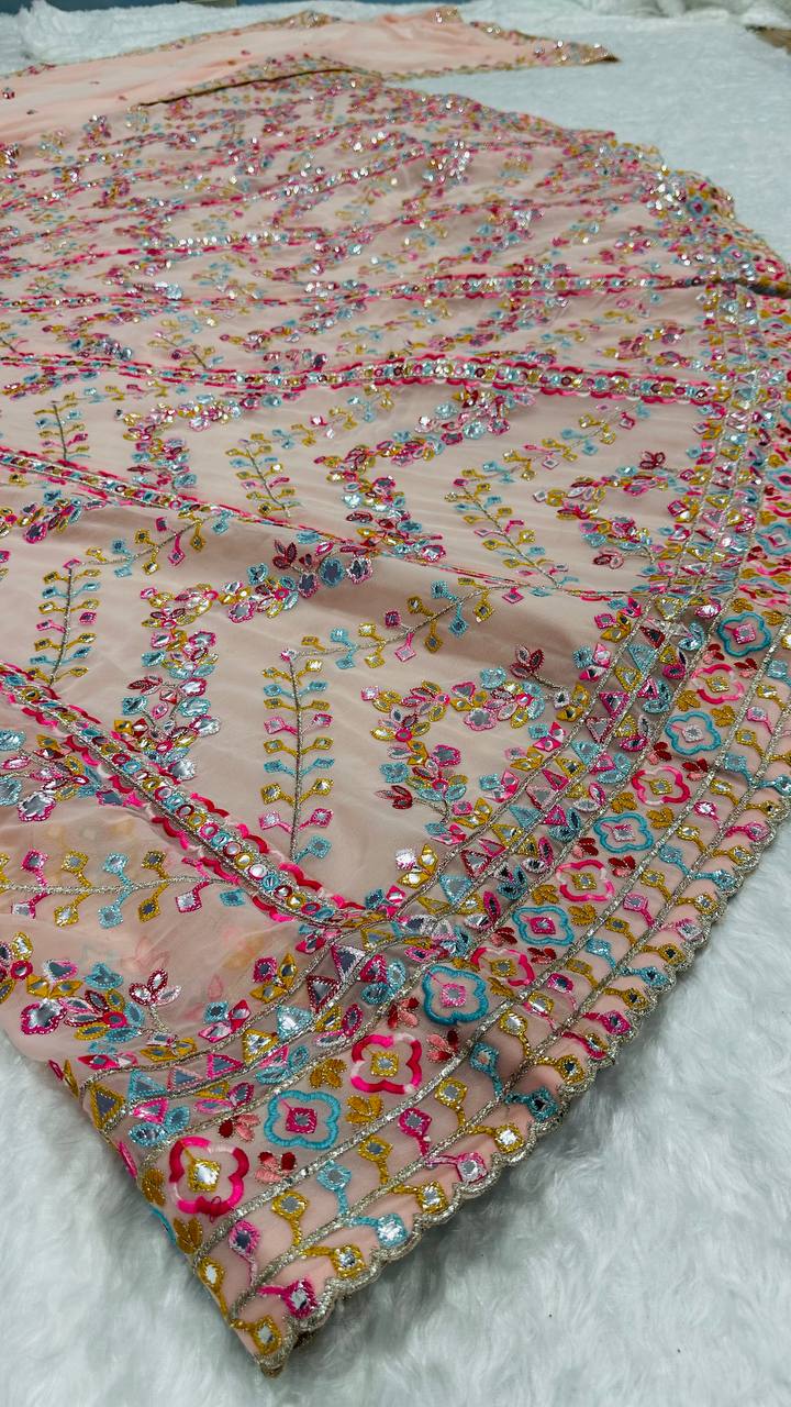 Peach Soft Georgette Embroidered Premium Lehenga