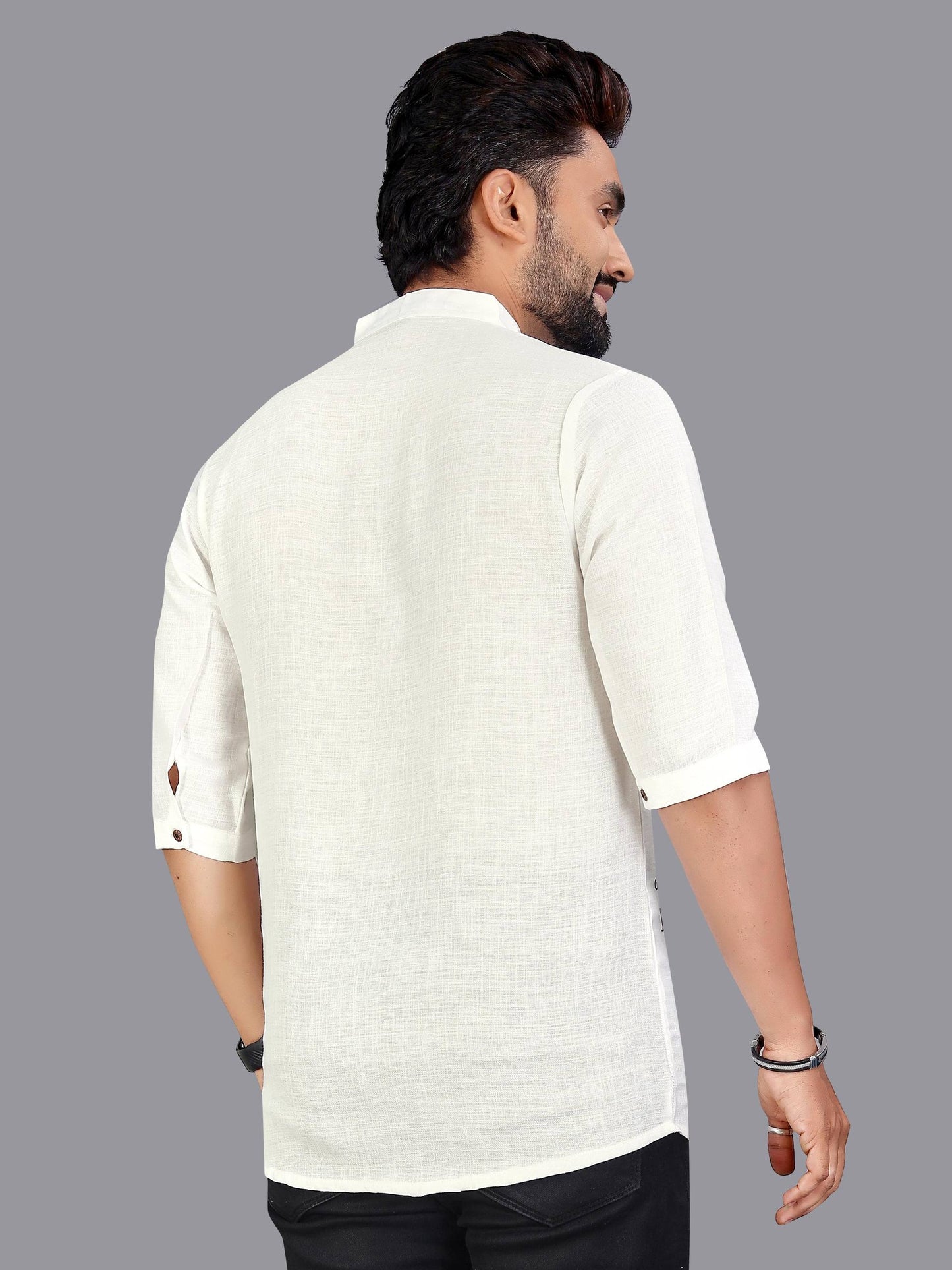 Off White Men's Premium Linen Print Short Kurta for Casual or Festive Look