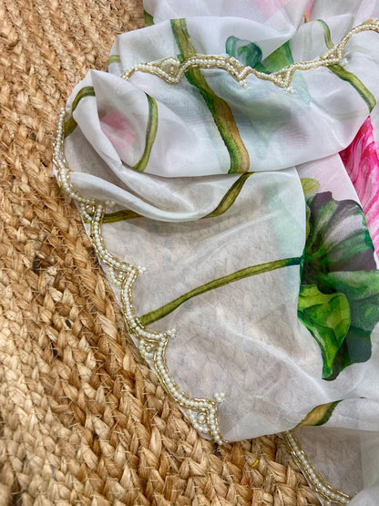 Soft Silk Floral Val Moti Work Border Saree With Stitched Blouse Options