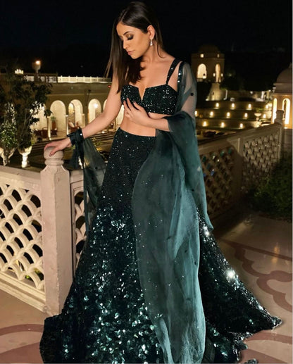 Emerald Green Georgette Sequins Work Lehenga Fully Stitched