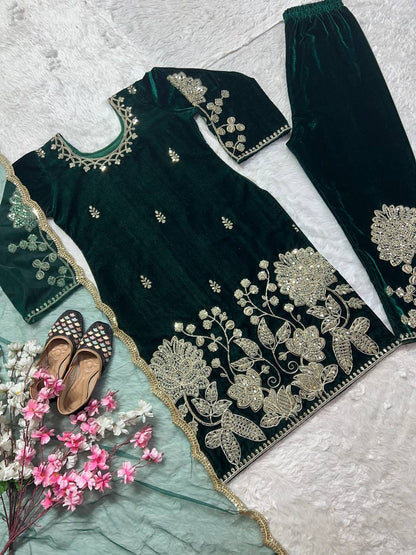 Jugni - Dark Green Premium Velvet Fully Stitched Suit with Embroidery Work