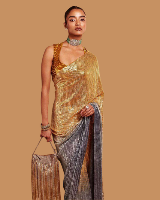 Gold and grey dual tone saree with stitched blouse