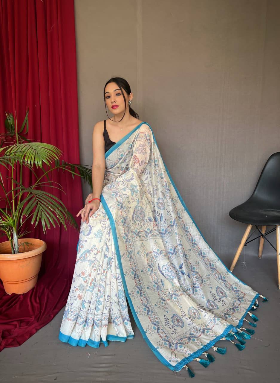 Premium White Cotton Sarees with Katha Prints with Fully Stitched Blouse