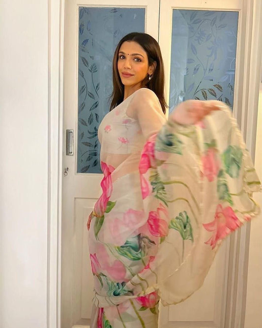 Soft Silk Floral Val Moti Work Border Saree With Stitched Blouse Options