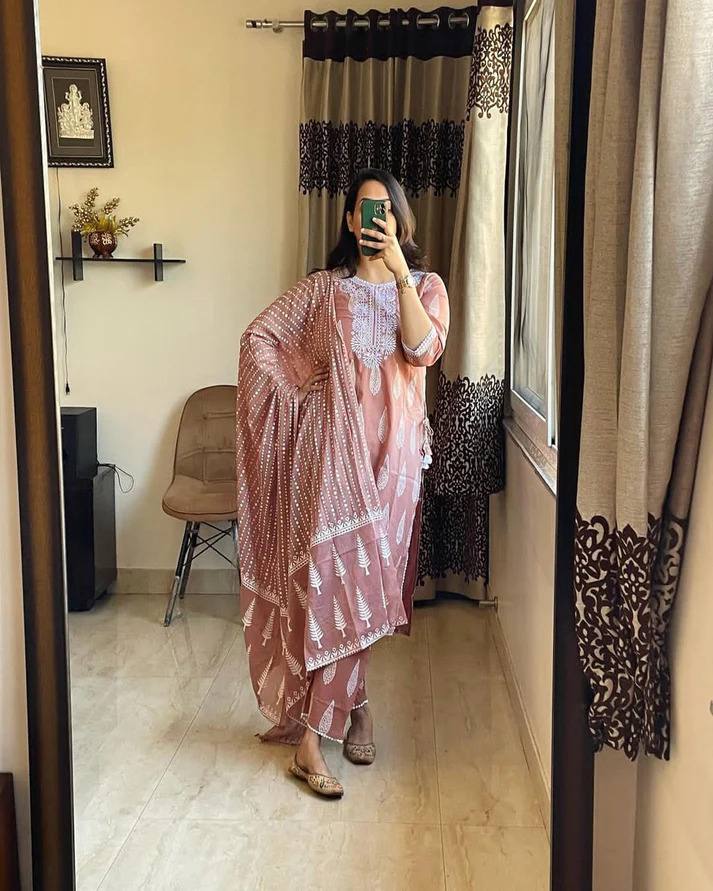 Pastel Peach soft cotton suit with pant and dupatta