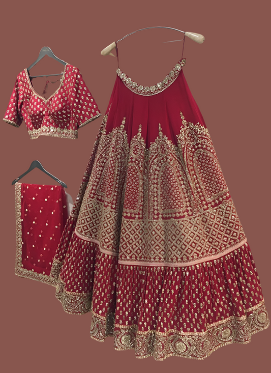 Brick Maroon Embroidery Work Fully Stitched Lehenga