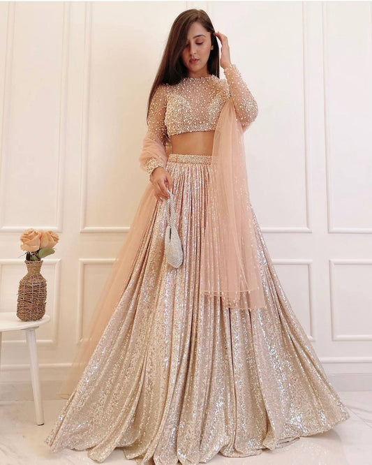 Peach silver fully stitched lehenga