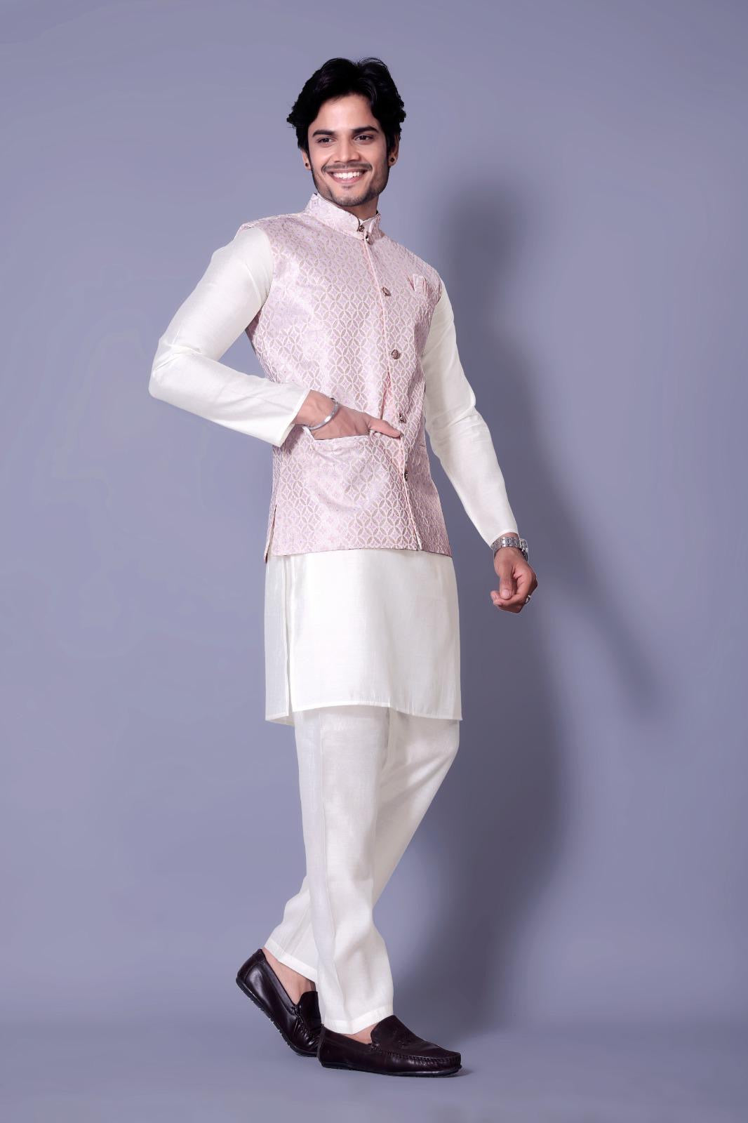 Baby Pink Designer Koti Kurta Set for Men - Indian Ethnic Fashion Online