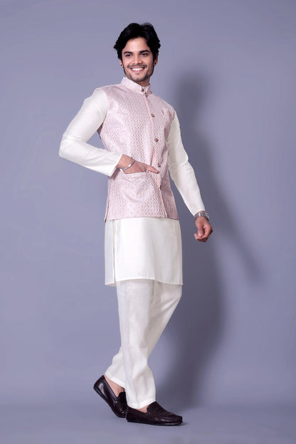 Baby Pink Designer Koti Kurta Set for Men - Indian Ethnic Fashion Online