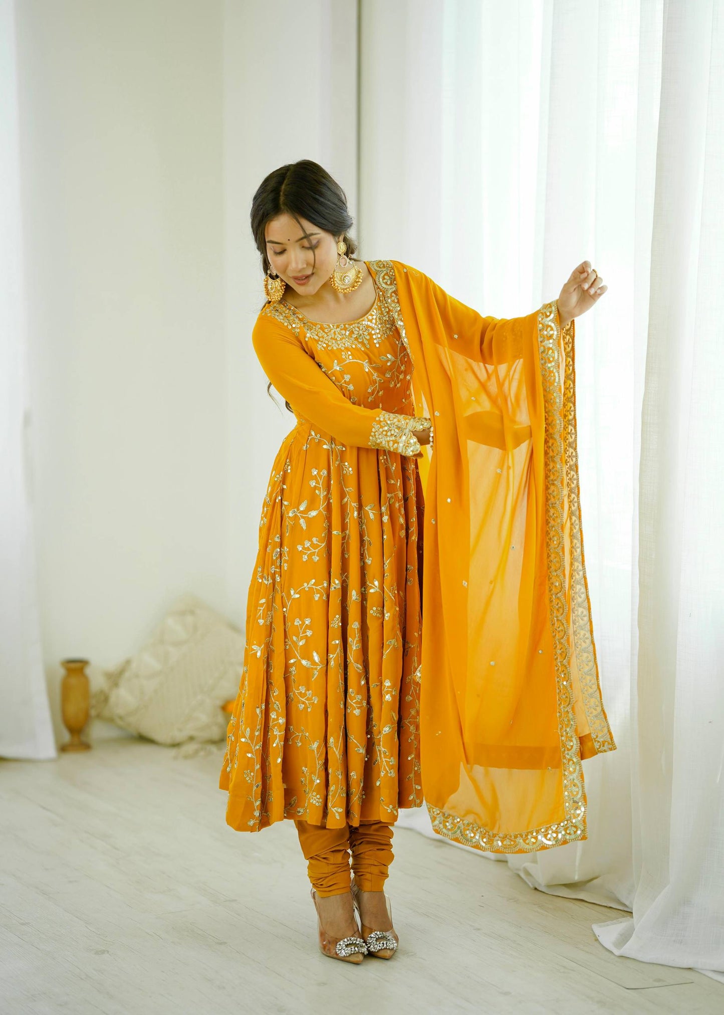 Preeva - Mustard Soft Georgette with Full Embroidery Gown Fully Stitched