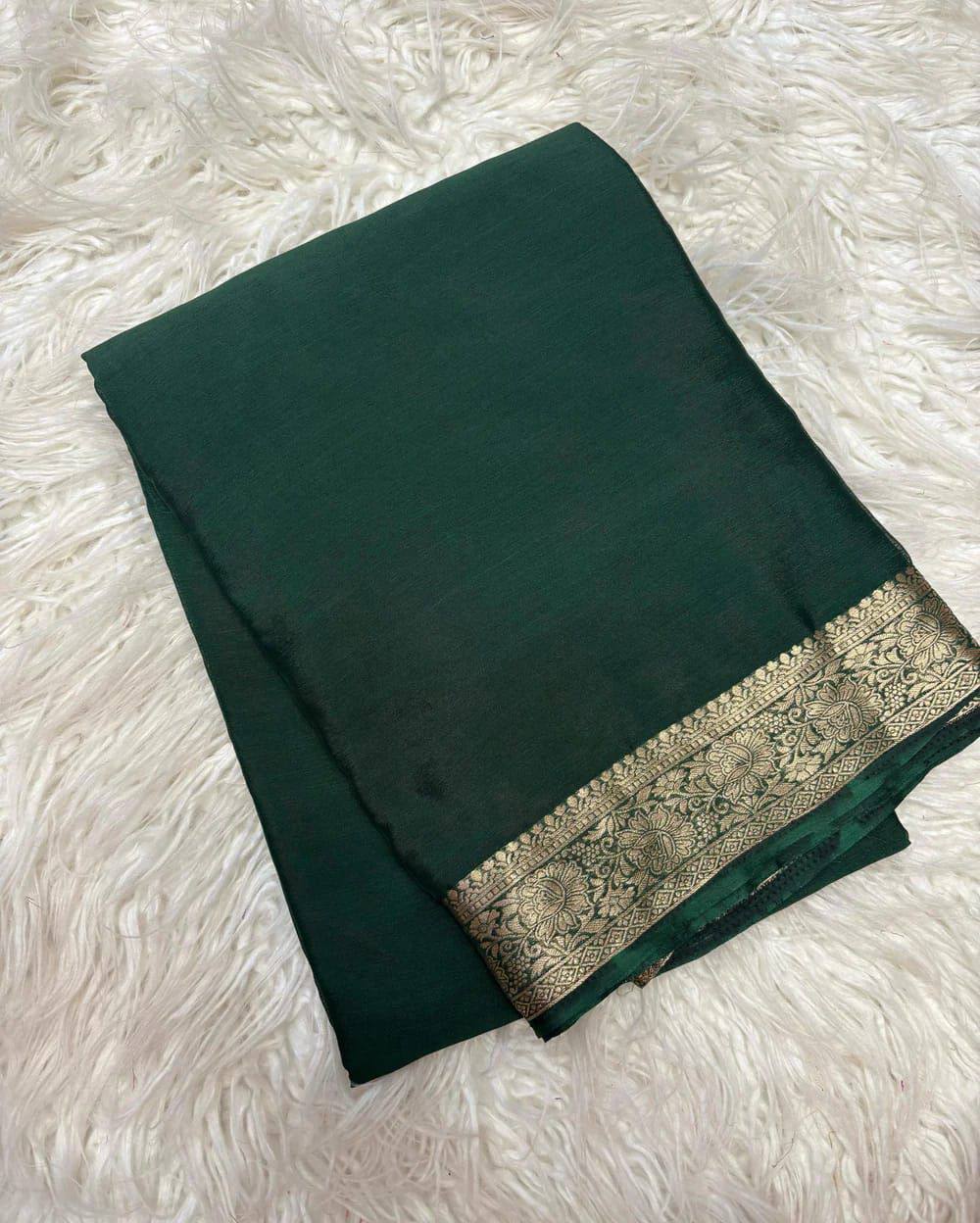 Vrinda - Soft Chinnon Silk Saree with Gold Zari Border & Stitched Blouse Options