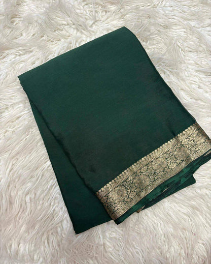 Vrinda - Soft Chinnon Silk Saree with Gold Zari Border & Stitched Blouse Options