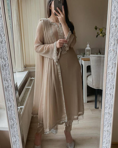 Pastel Brown Premium Georgette Readymade Suit