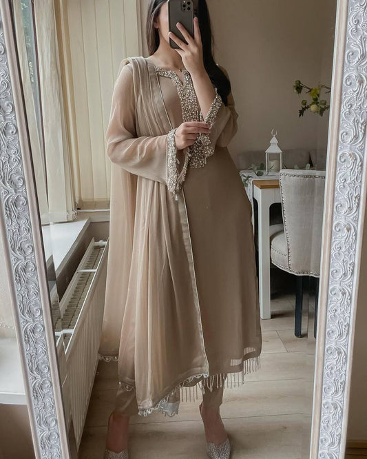 Pastel Brown Premium Georgette Readymade Suit