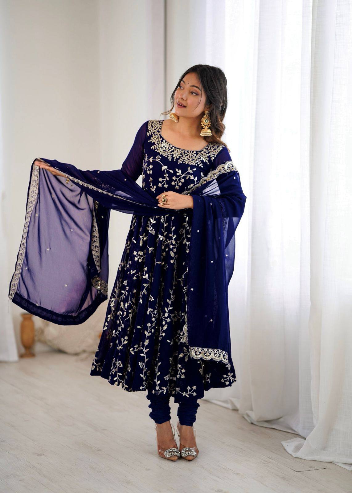 Preeva - Navy Blue Soft Georgette with Full Embroidery Gown Fully Stitched