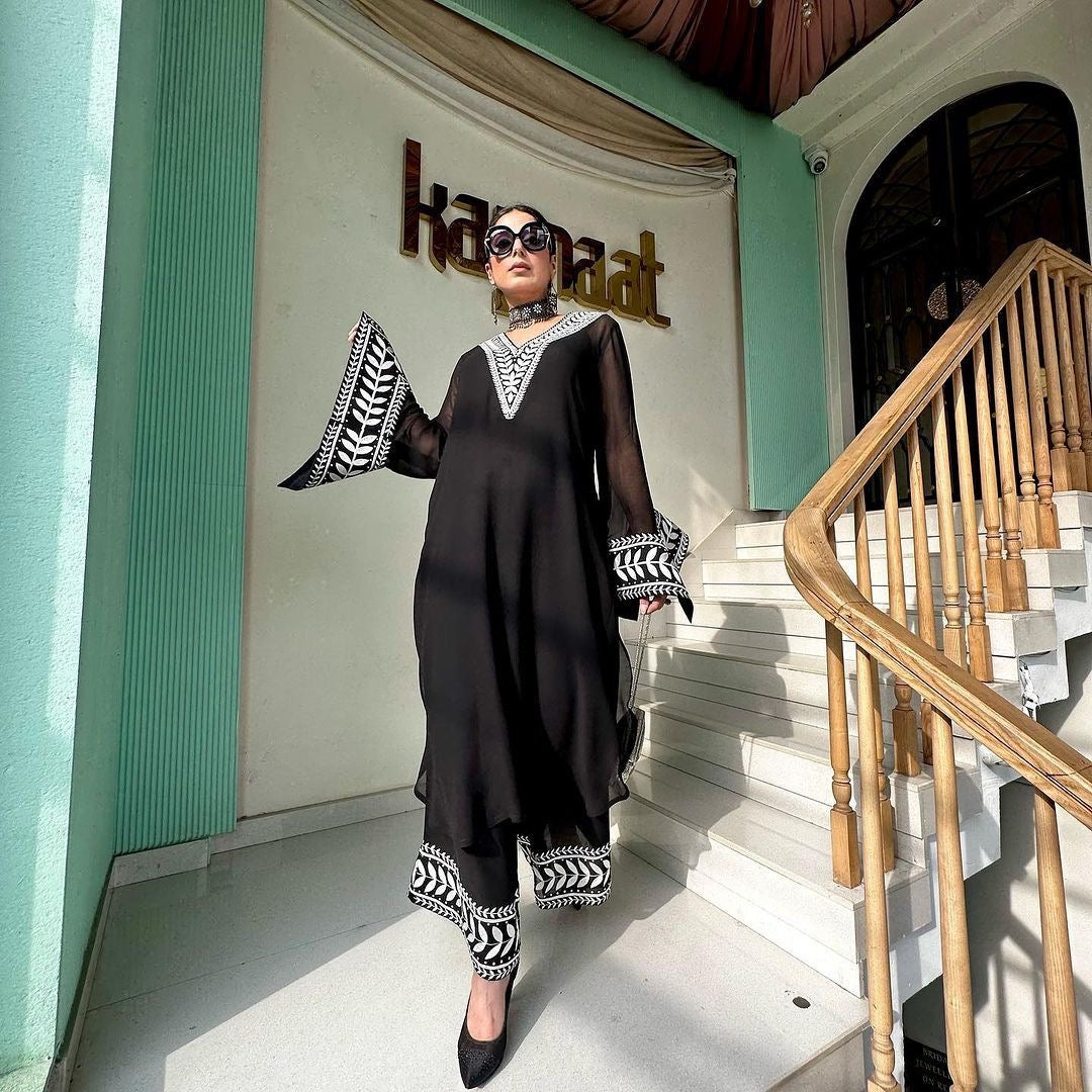 Georgette black Top & Plazo suit fully stitched