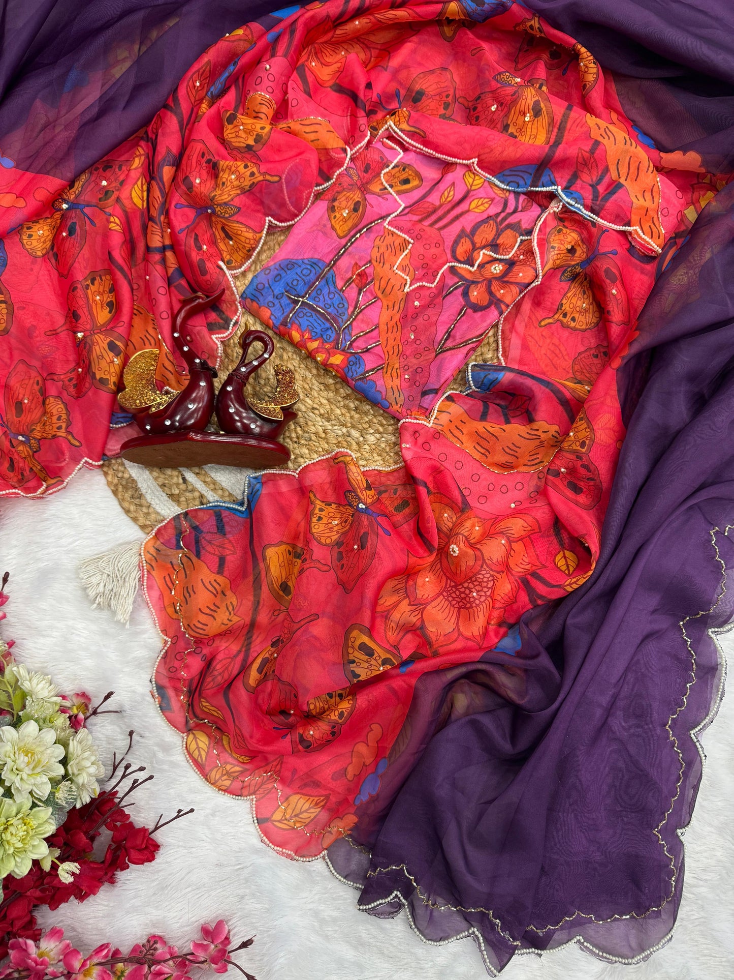 Jhalak - Soft Silk Printed Saree with Pearl work & Stitched Blouse