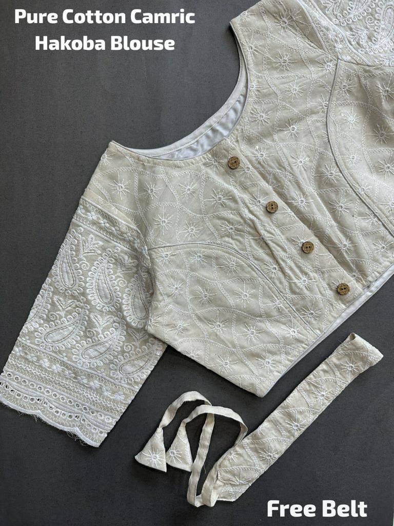 Off white pure cotton camric hakoba readymade blouse