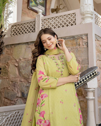 Lime Yellow Chanderi Cotton Soft Kurti Set