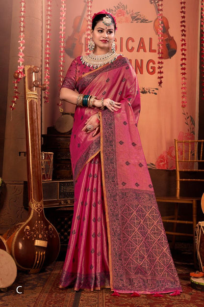 Megha - Premium Linen Saree with Jacquard Weaving Pattern with Fully Stitched Blouse as per Your Style