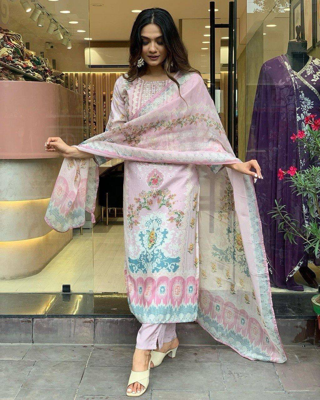 Light pink printed kurti set
