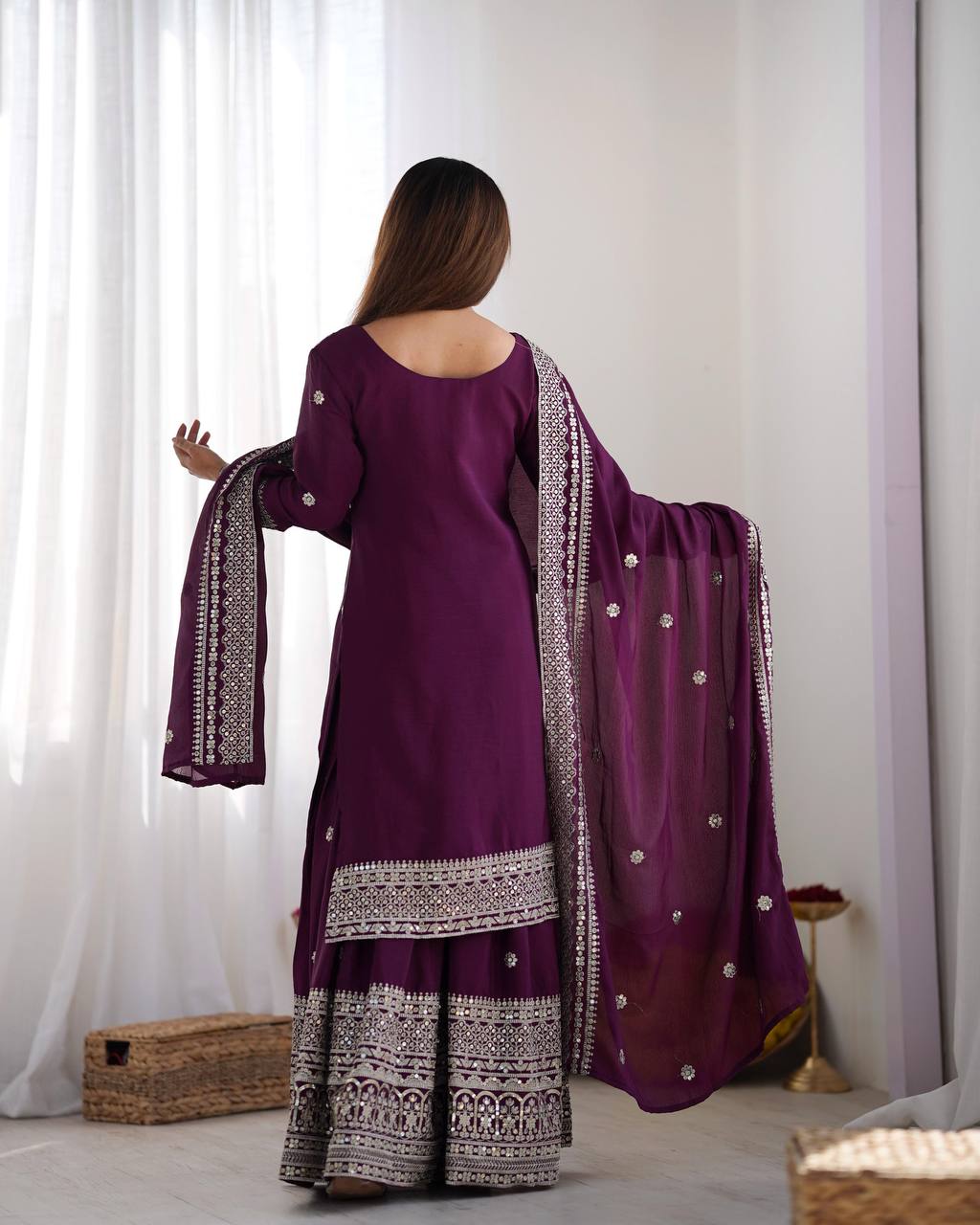 Purple wine Punjabi Sharara set fully stitched