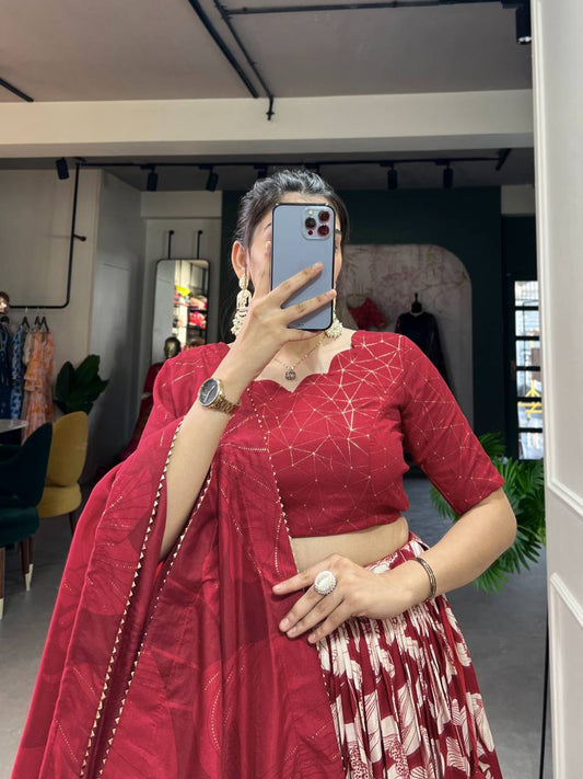 Red Navratri Special Tussar Silk Floral Printed Fully Stitched Lehenga Choli