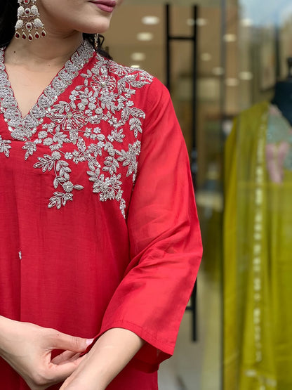 Cherry Red Beautiful Embroidery at Neck Kurti Set Fully Stitched