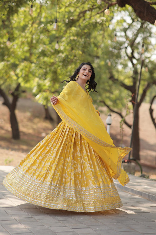Premium Yellow Embroidered work fully Stitched Lehenga