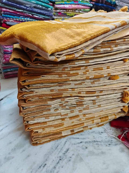 Rashmika - Premium Gold & Off White Linen Tissue Silk Saree with Stitched Blouse Options