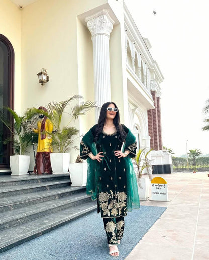 Jugni - Dark Green Premium Velvet Fully Stitched Suit with Embroidery Work