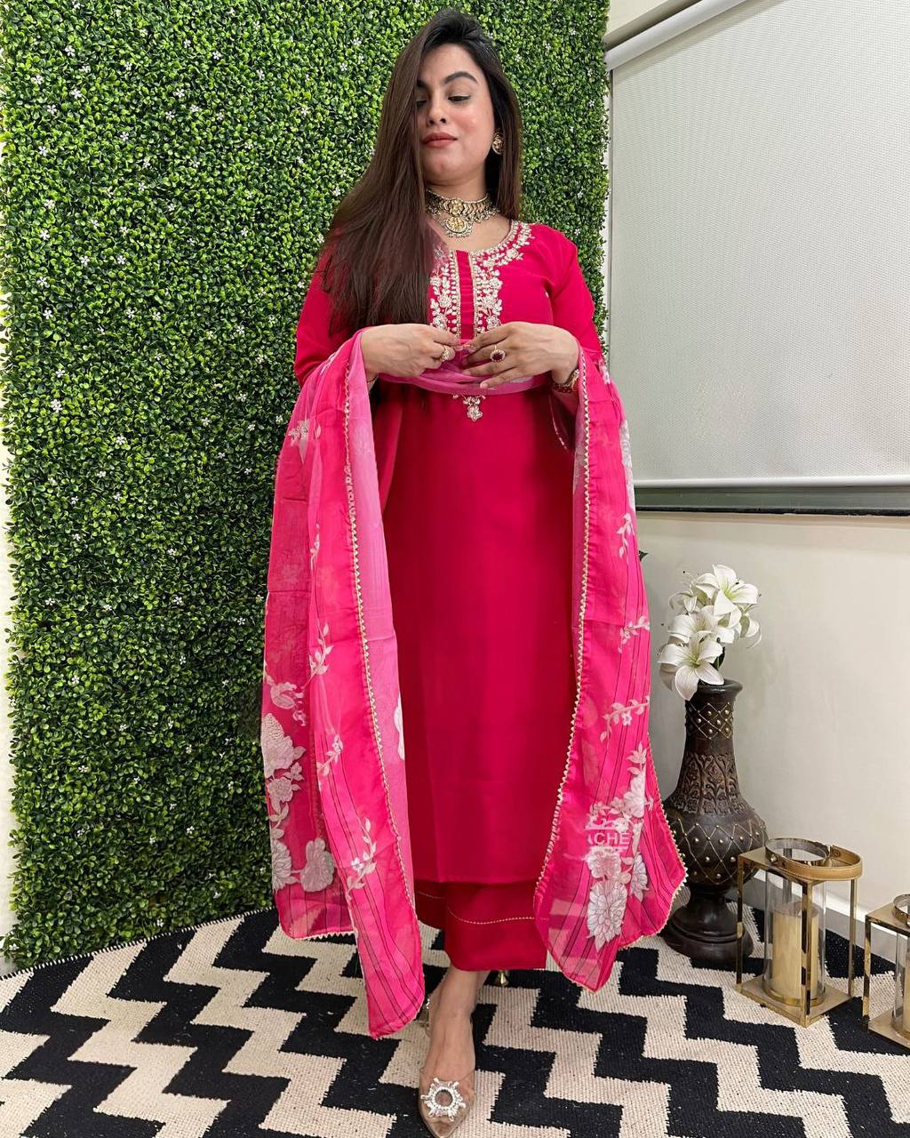 Soft Silk Rani Pink Embroidered Kurti Pant with Floral Printed Dupatta