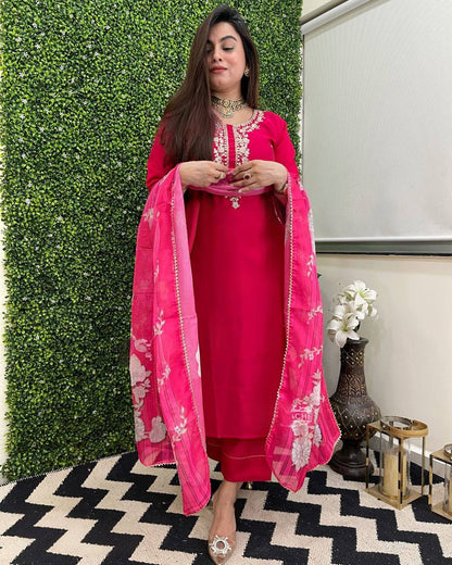 Soft Silk Rani Pink Embroidered Kurti Pant with Floral Printed Dupatta