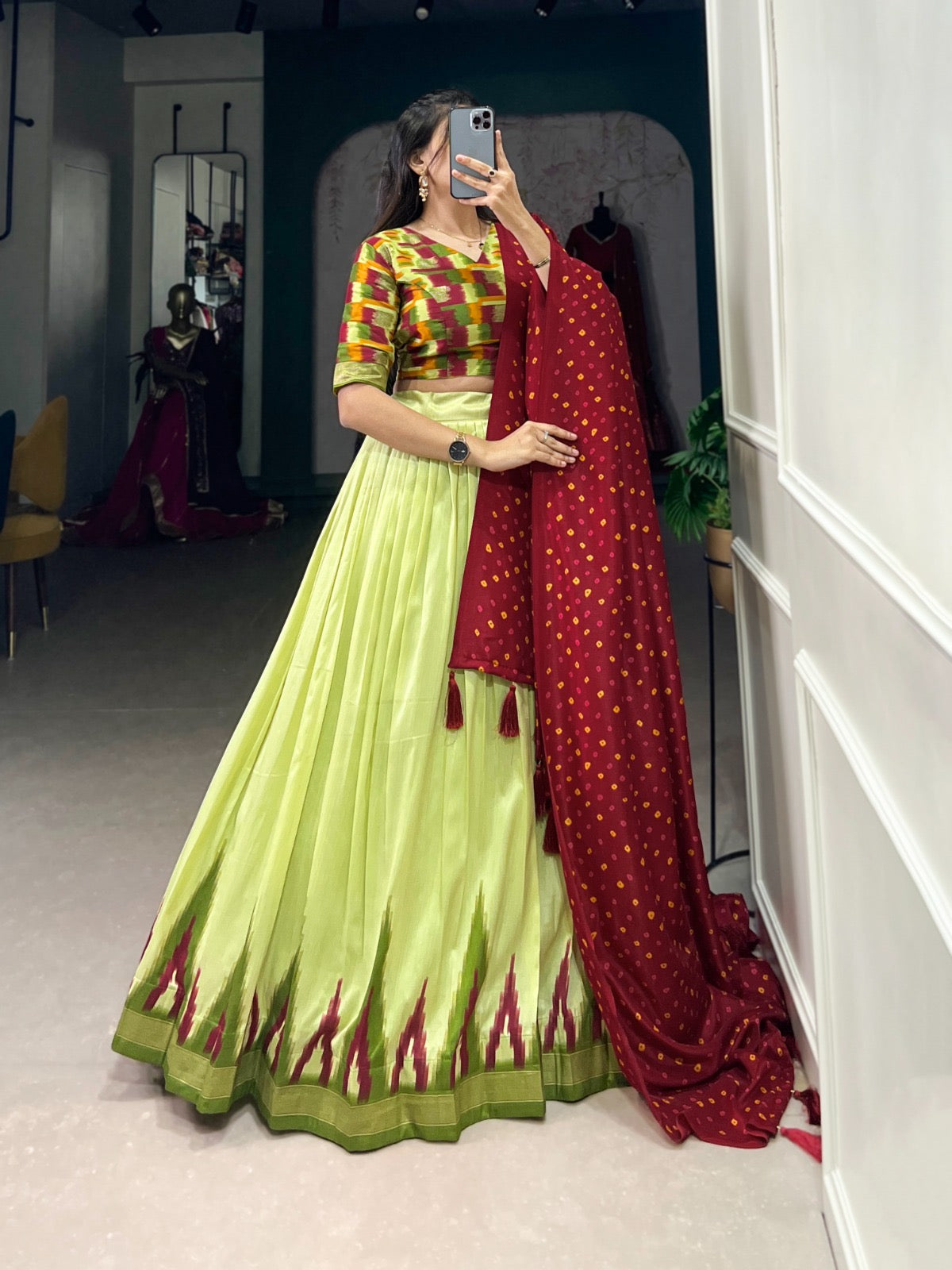 Mahendi Colour Navratri Special Chaniya Choli with Bandhej Print Dupatta Fully Stitched