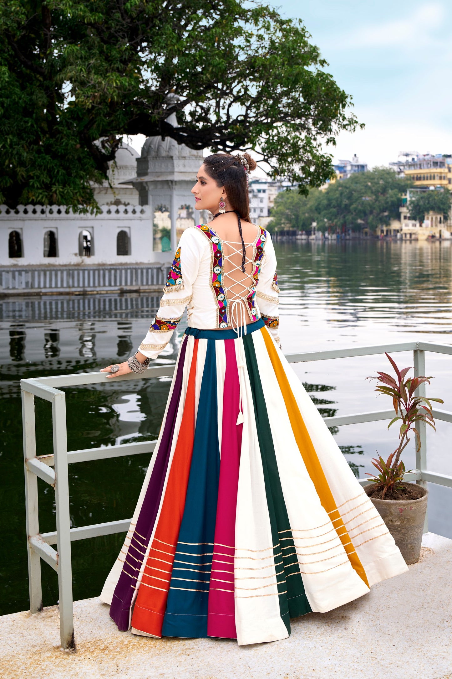 Shauryaa - Premium White Rayon Cotton Rainbow Styled Lehenga Cholis Fully Stitched