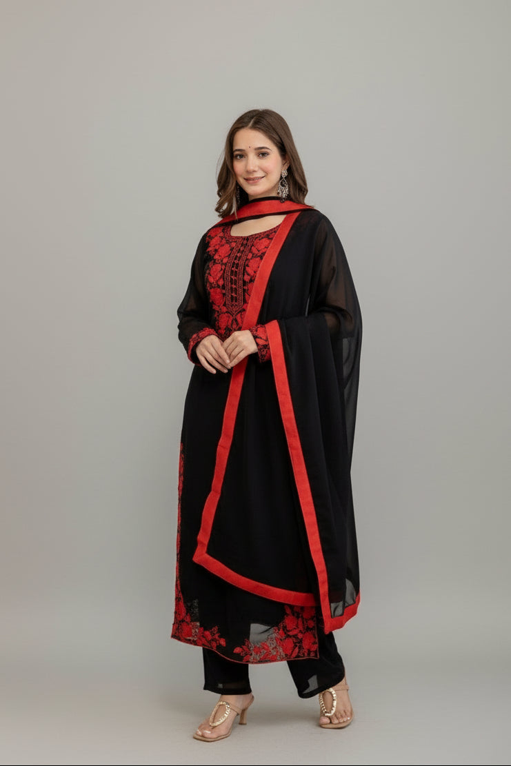 Woman wearing a black and red traditional outfit with a white wall and framed picture in the background