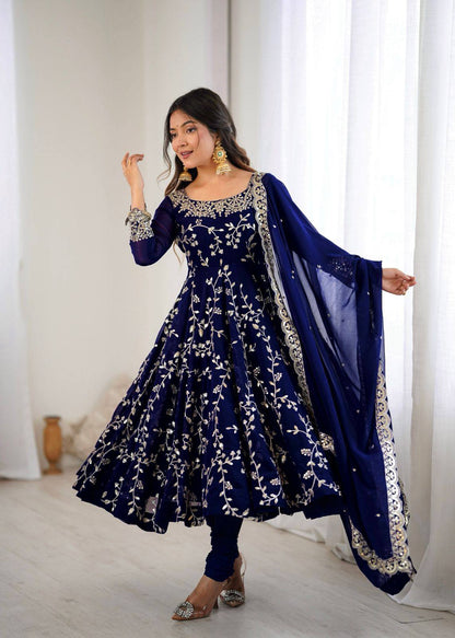 Preeva - Navy Blue Soft Georgette with Full Embroidery Gown Fully Stitched