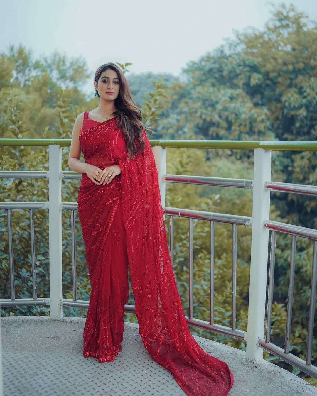 Cherry Red georgette saree of sequins work with fully stitched blouse