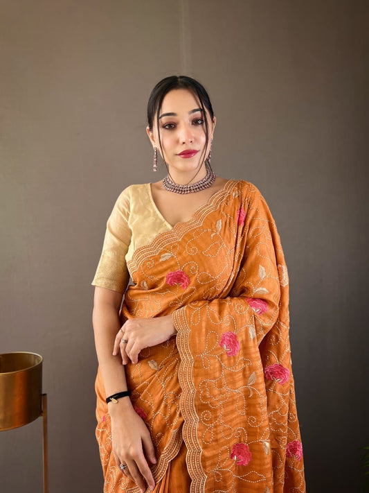 Kamya - Pure Tussar Silk with Jaal Embroidery Weaving with Stitched Blouse Options