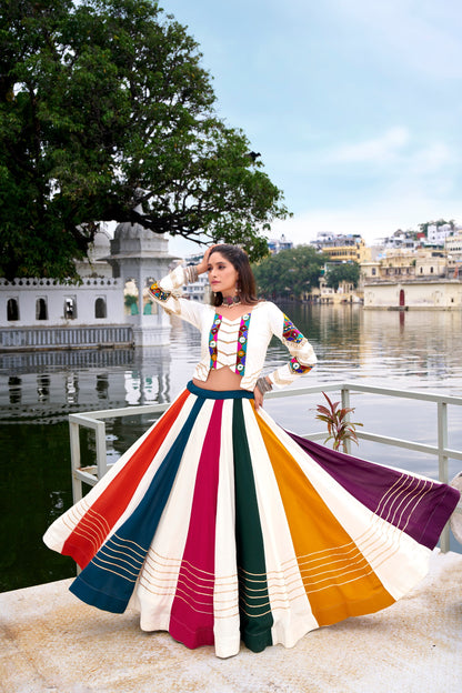 Shauryaa - Premium White Rayon Cotton Rainbow Styled Lehenga Cholis Fully Stitched
