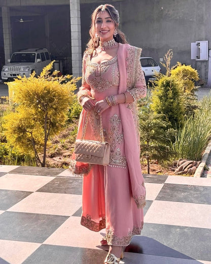 Baby Pink Beautiful Silk Sharara Suit Fully Stitched