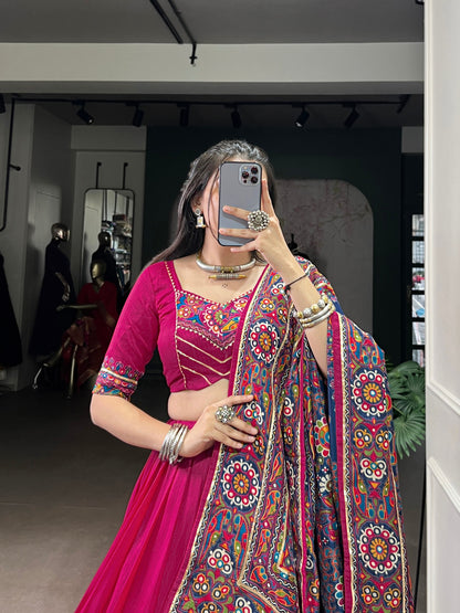 Gamthi Print and Embossed Lace Silk Chaniya Cholis for Navratri Fully Stitched