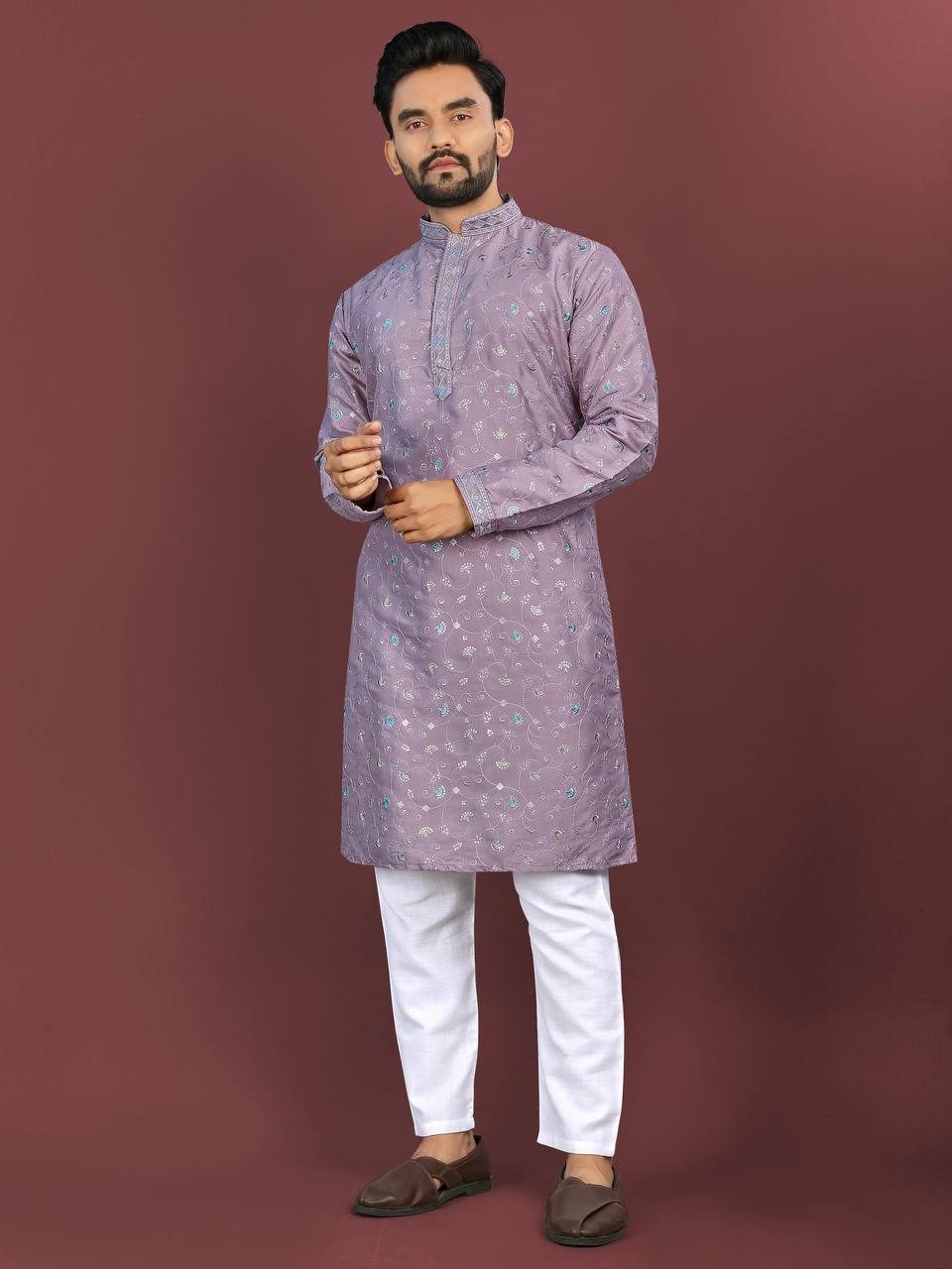Men's Silk Fabric Floral Embroidered Kurta with Pajama