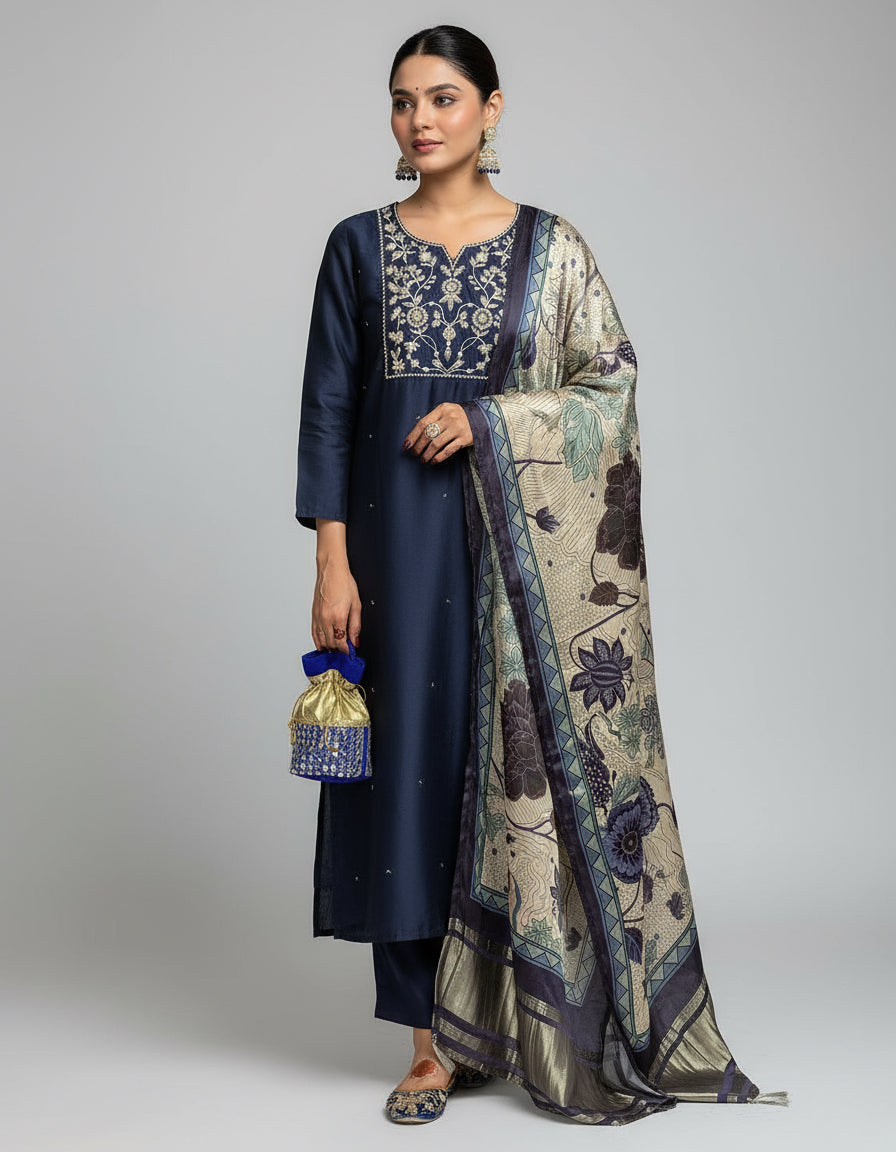 Navy Blue Viscos Silk Beautiful Embroidered Kurti Set for all occasions