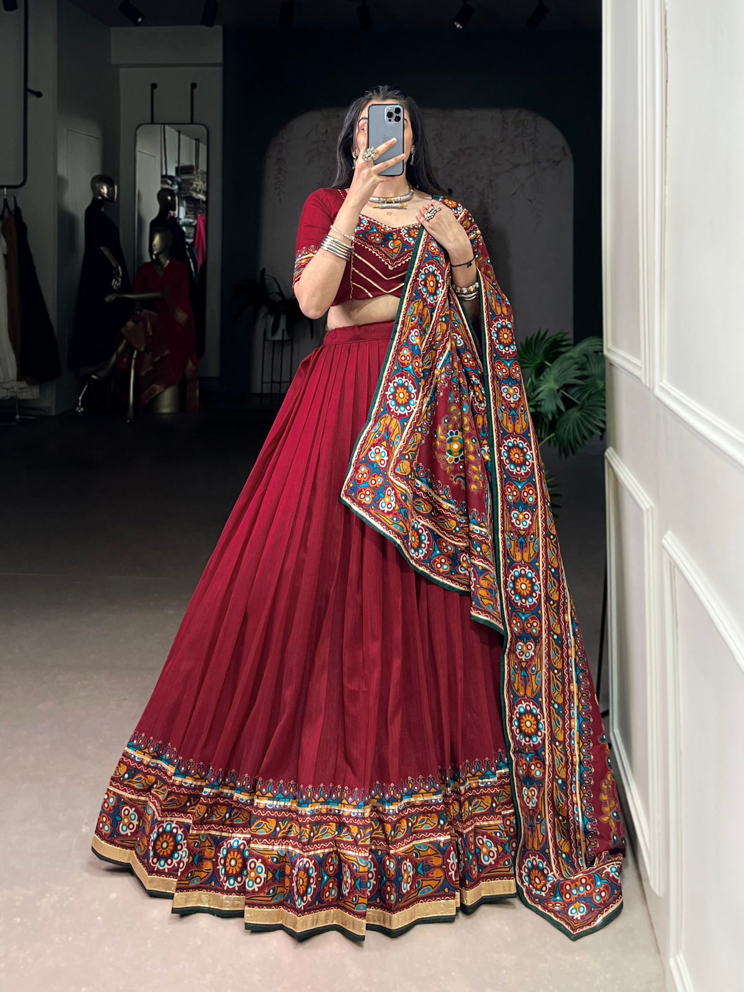 Gamthi Print and Embossed Lace Silk Chaniya Cholis for Navratri Fully Stitched