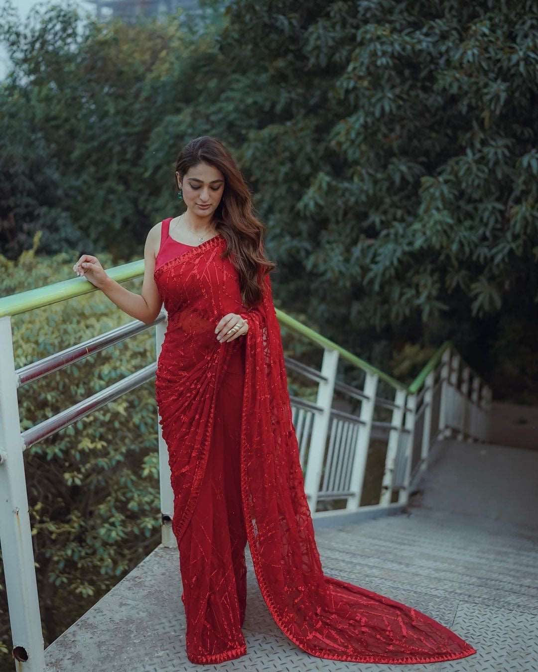 Cherry Red georgette saree of sequins work with fully stitched blouse