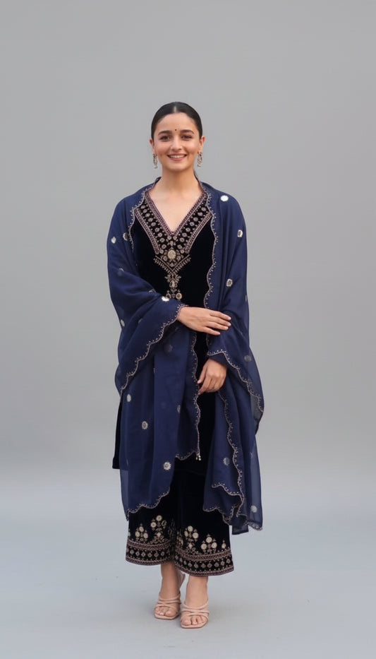 Two individuals in formal attire standing outdoors with a blurred background